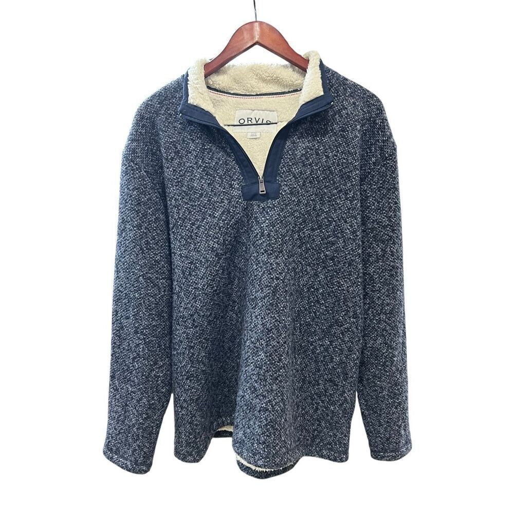 Orvis Mens Sweater Size XL Blue Fleece Sherpa Lining Quarter Zip Pullover